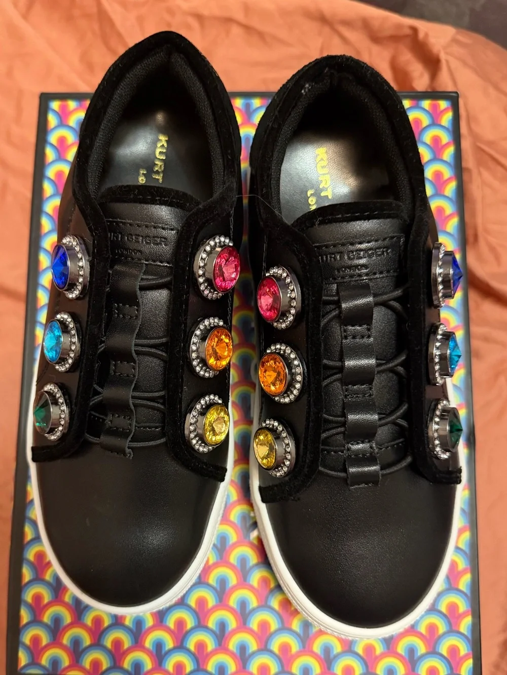 Kurt Geiger Kids Black Slip-On Sneakers with Multicolor Gem Accents